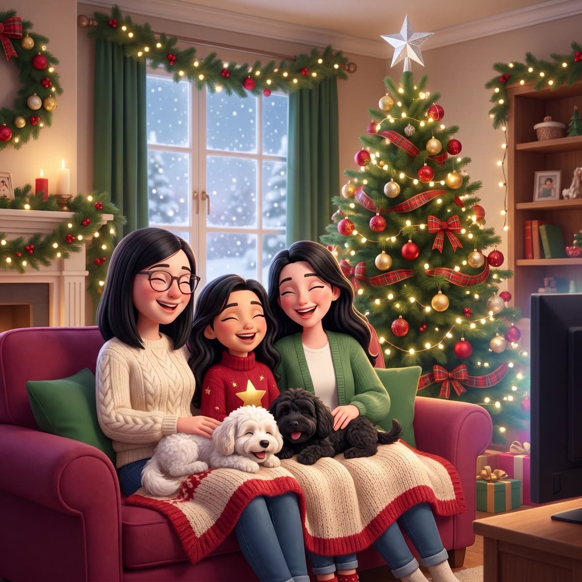 Maya snuggled on the sofa between Mummy and Jess, with Biscuit and Pepper the dogs curled up on their laps, in their cosy red living room