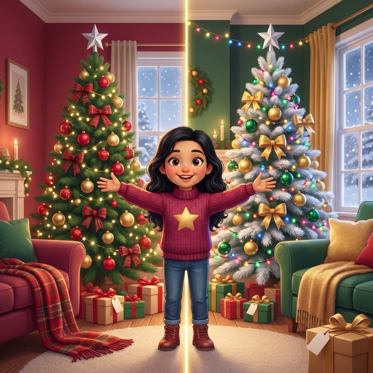 Maya in both homes, one on each side of a glowing golden line, each Christmas tree topped with a silver star
