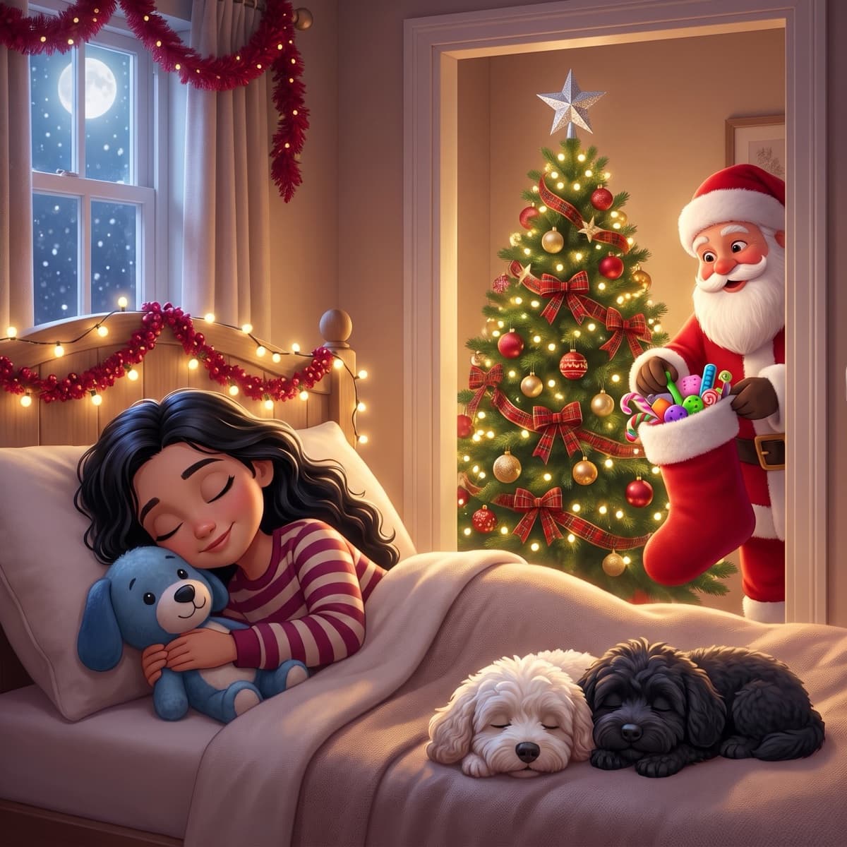 Maya fast asleep hugging her toy puppy, with the dogs at the foot of the bed, while Santa fills her stocking