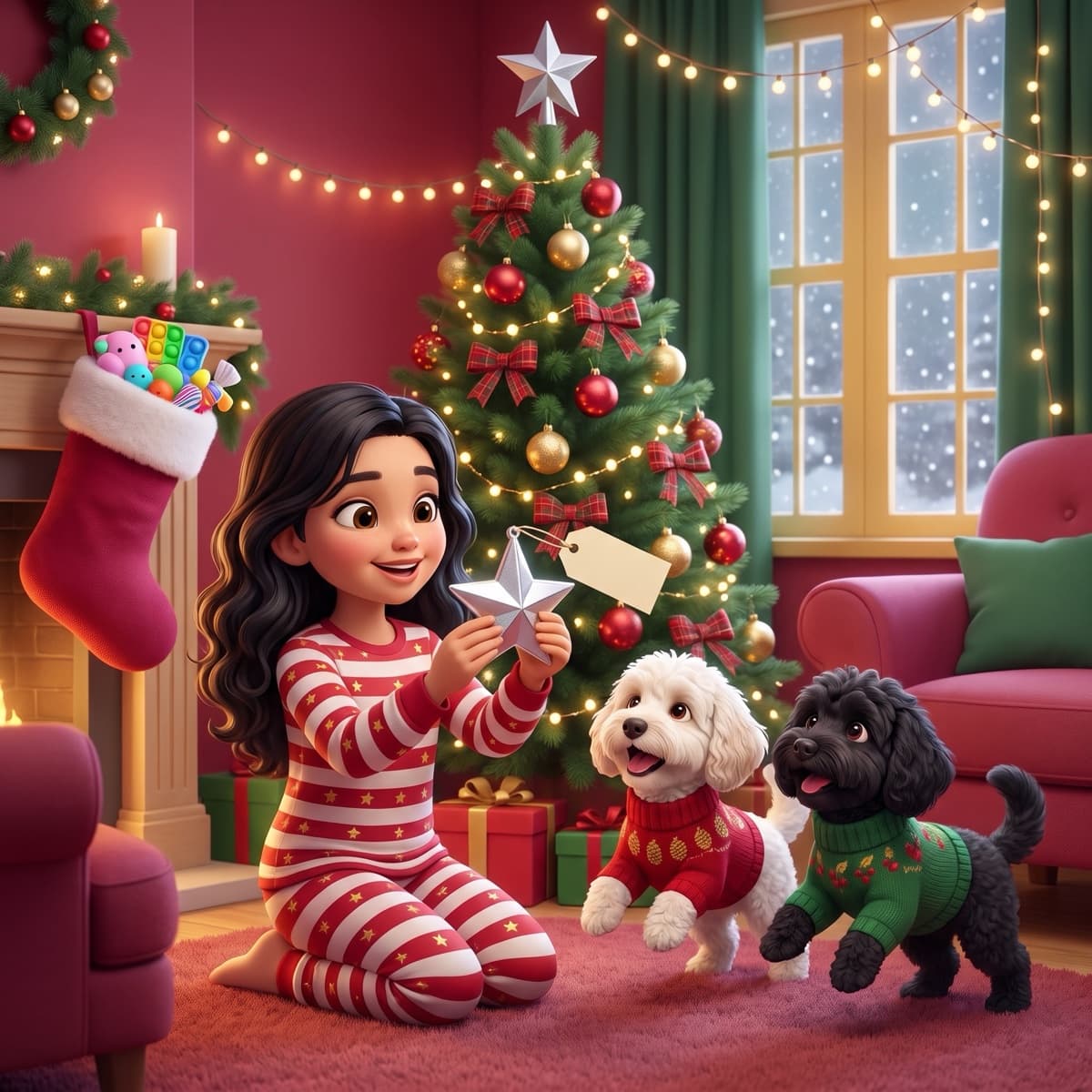 Maya in pyjamas holding up a shining silver star beside the Christmas tree, with the dogs bouncing beside her