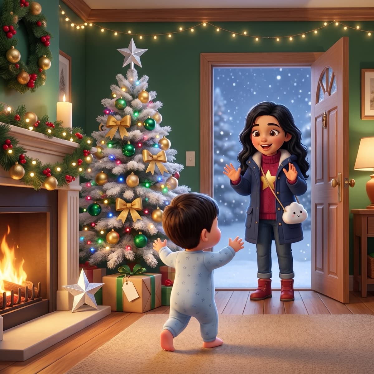 Maya stepping in through the front door at Daddy’s house as baby Leo toddles towards her, with a second silver star by the fireplace